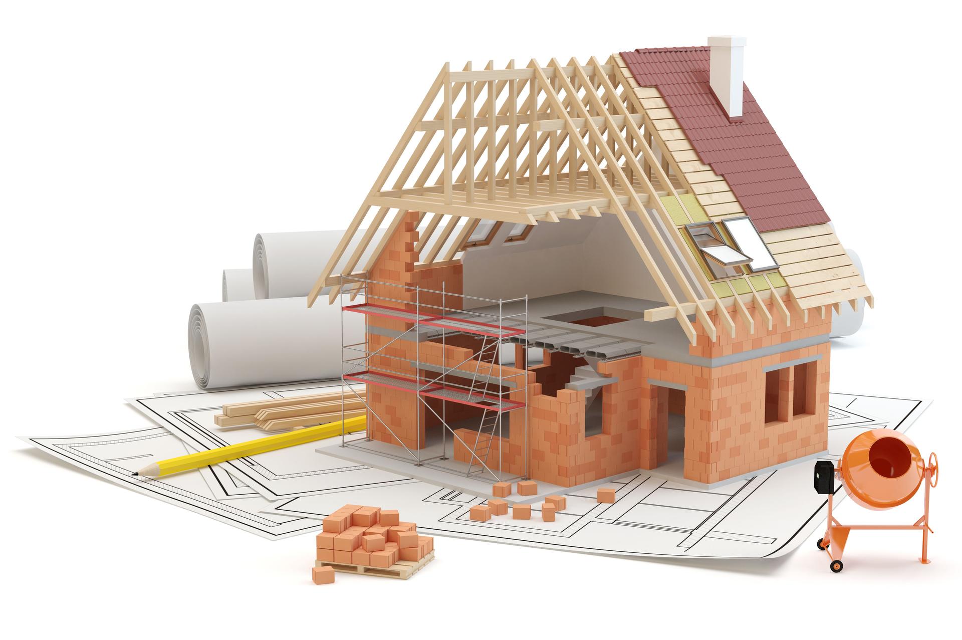 House construction, plans and cement mixer